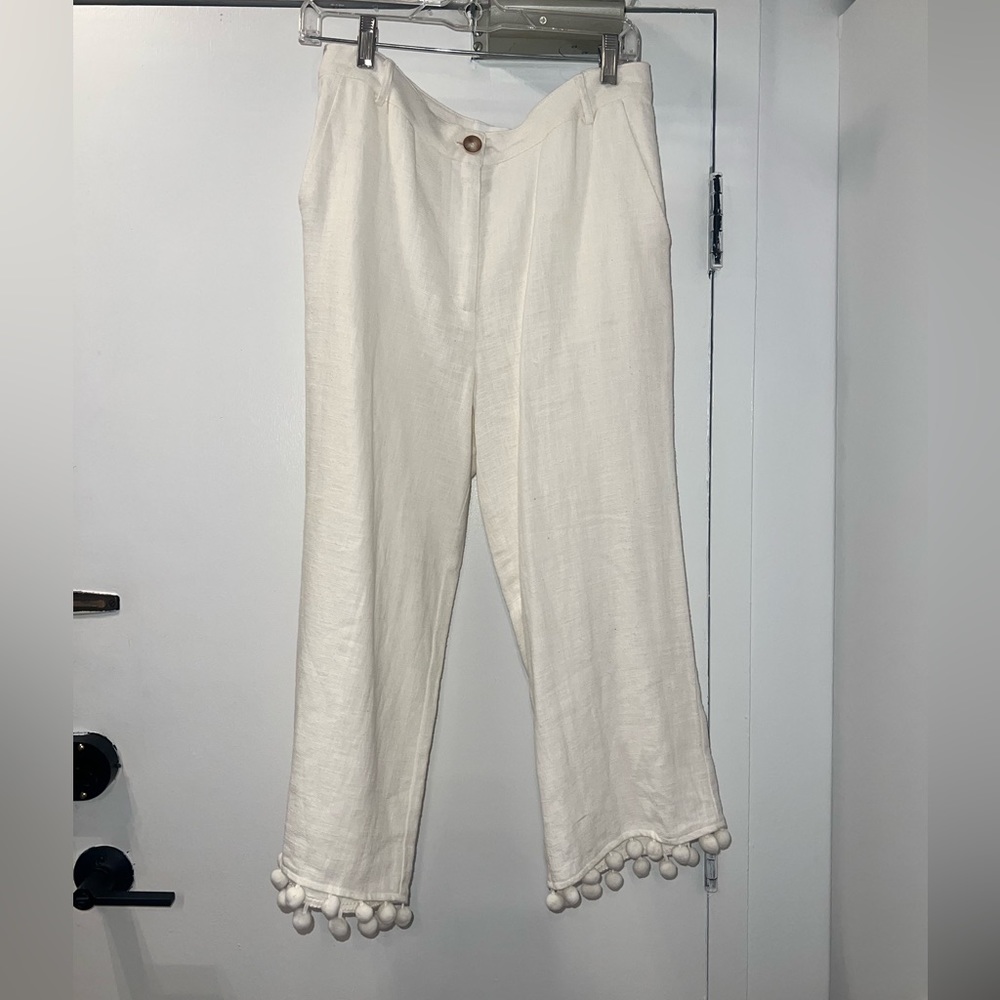 Anthropologie Wide Leg Linen Pants with Pom Pom detailing